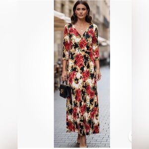 Floral Print Dress Womens V Neck Country Farm Romantic Vintage Folk Maxi  Size M